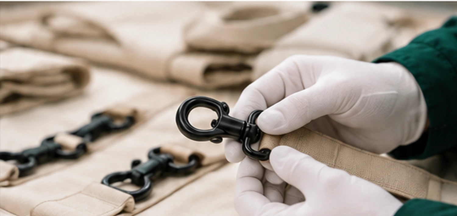 Detailed inspection of pet product hardware and webbing