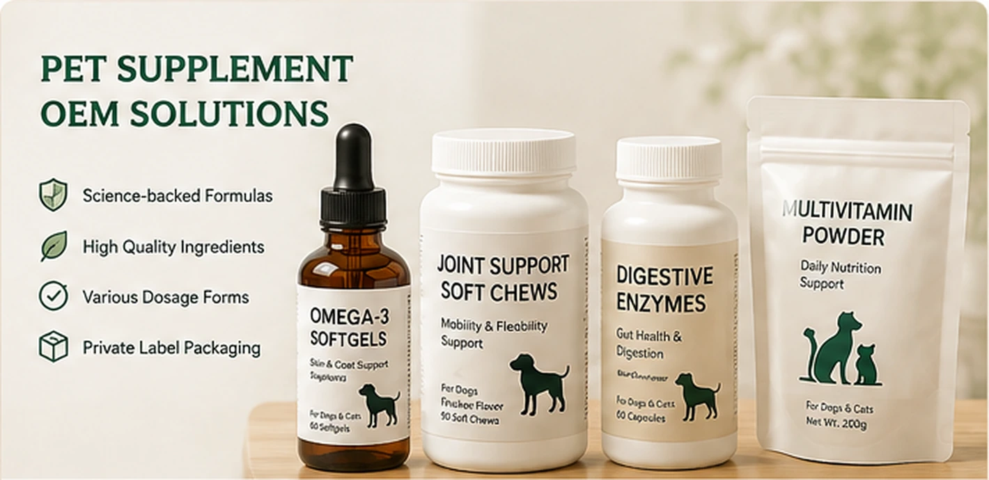 Pet supplement OEM solutions including soft chews, capsules, liquids and powders